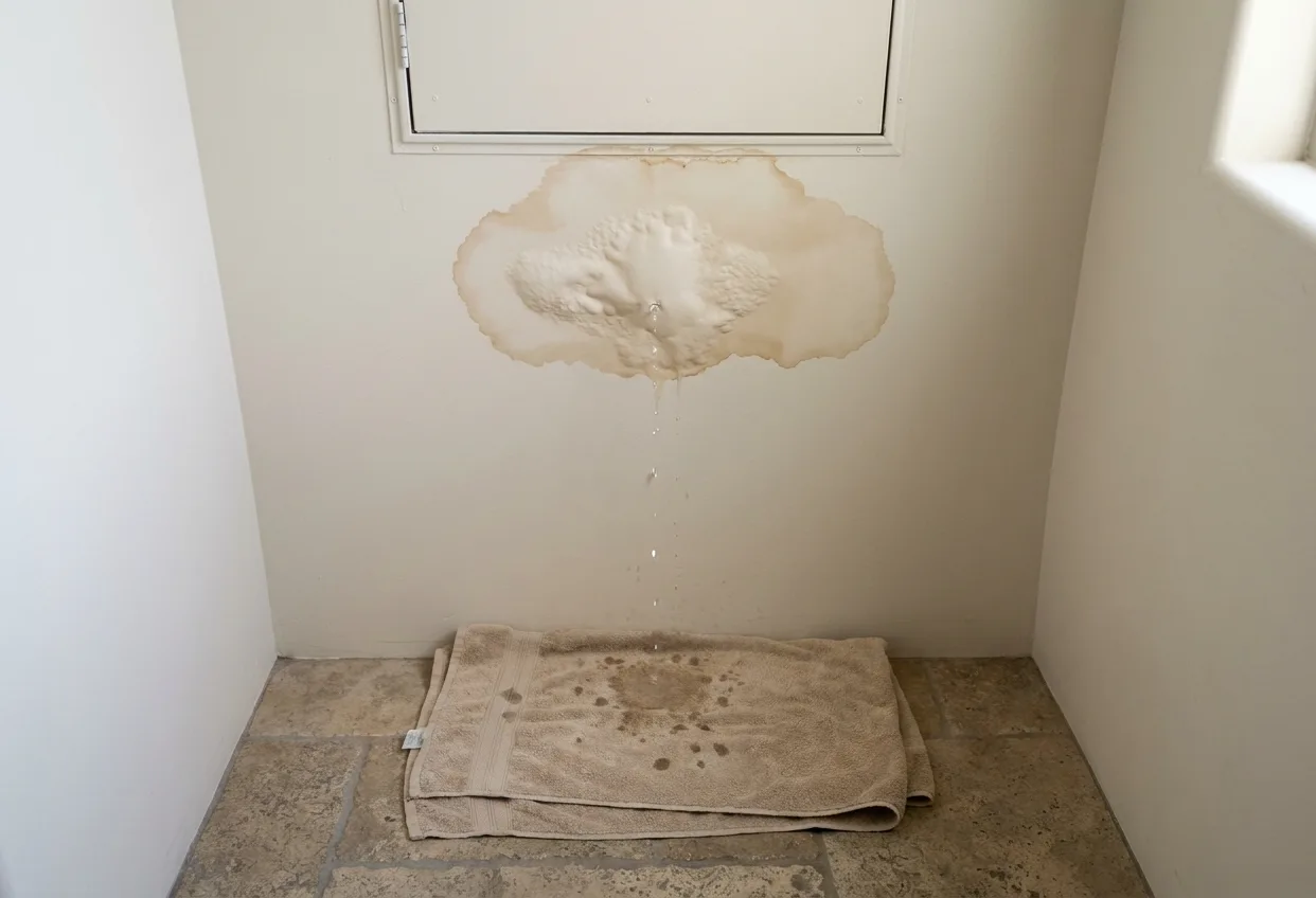 Ceiling water stain and drips below the attic access from an AC condensate overflow