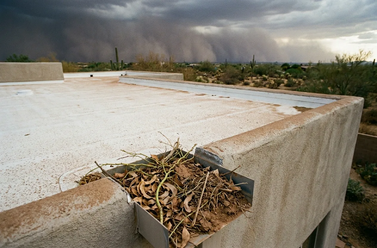 Flat roof scupper choked with dust and palo verde debris as a dust storm passes