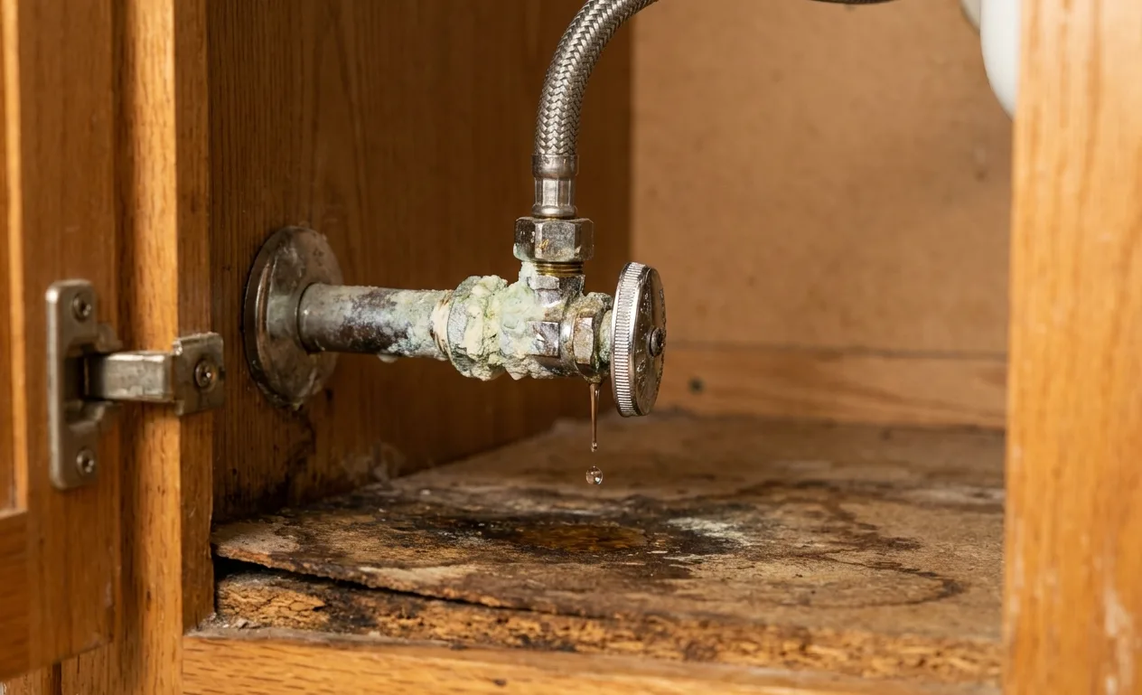Hard-water-scaled shutoff valve dripping onto a swollen vanity cabinet floor