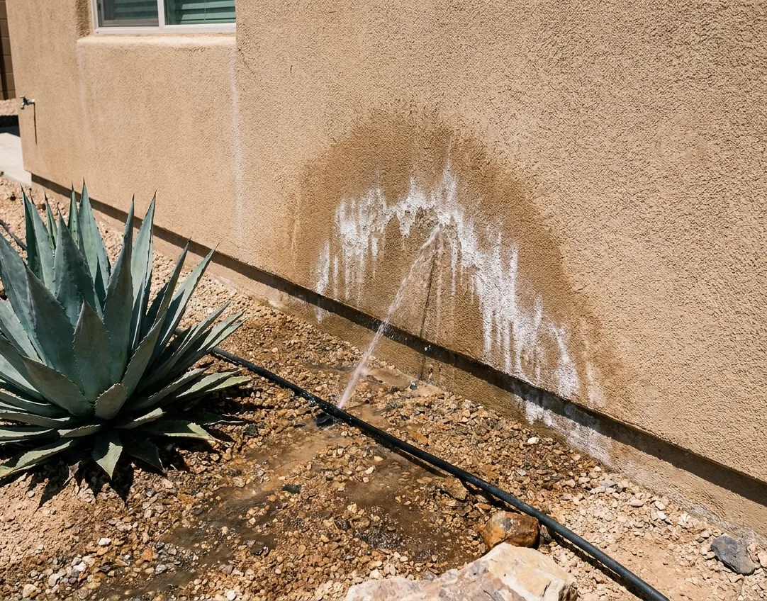 Broken drip irrigation line soaking the base of a stucco wall beside an agave