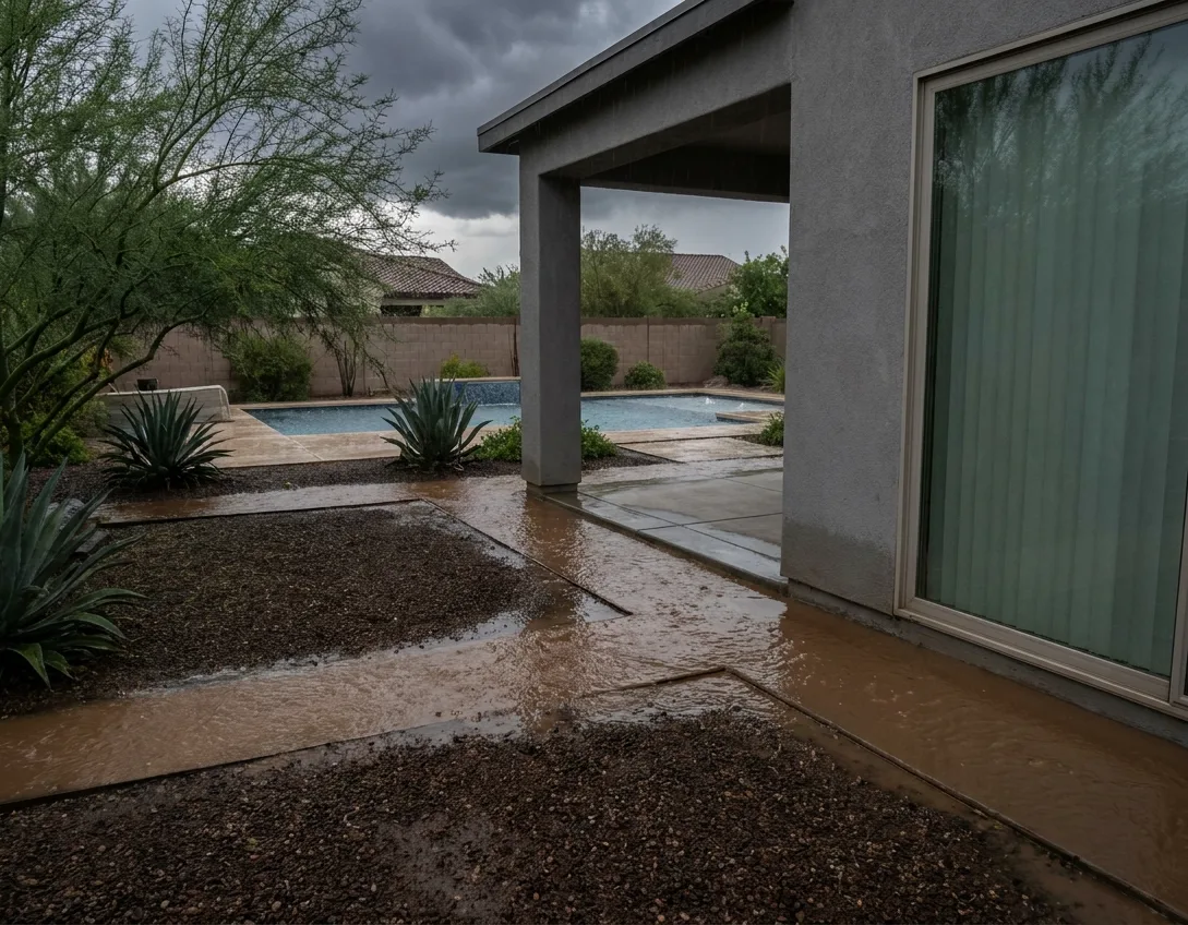 Monsoon runoff sheeting across a desert backyard toward a covered patio and sliding door