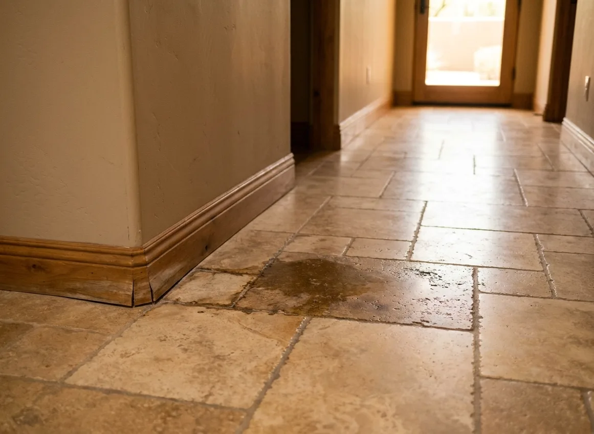 Damp patch spreading across travertine hallway tiles from a slab leak