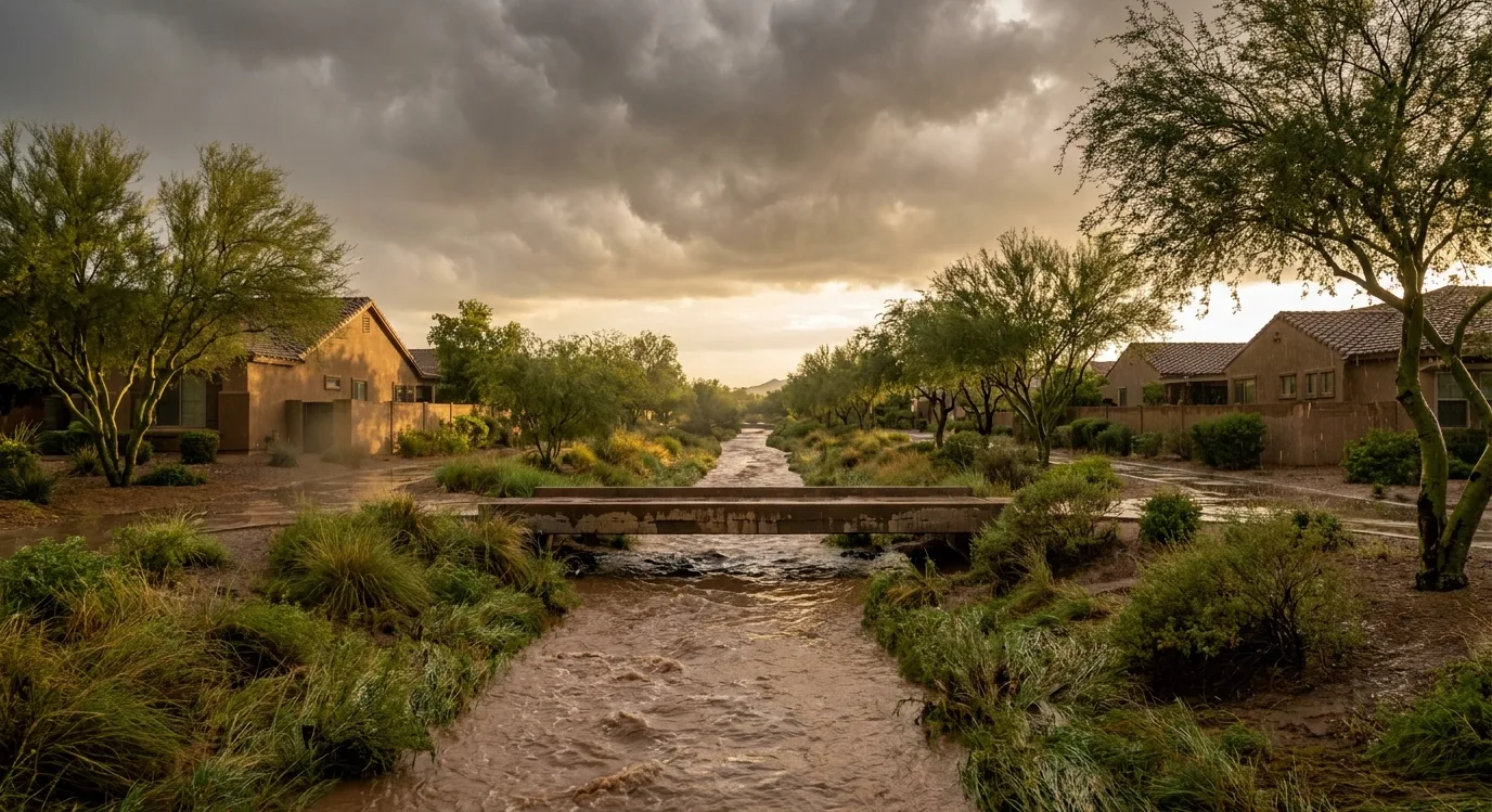Monsoon runoff flowing through a Scottsdale wash greenbelt under storm clouds