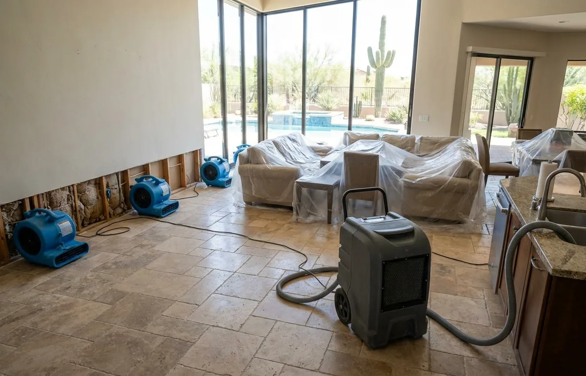Great room with travertine floors mid dry-out: flood cut, air movers and a dehumidifier