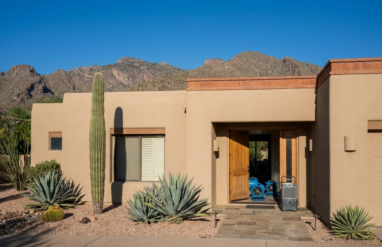Tan stucco Scottsdale home with a saguaro and the McDowell Mountains, drying equipment in the open doorway